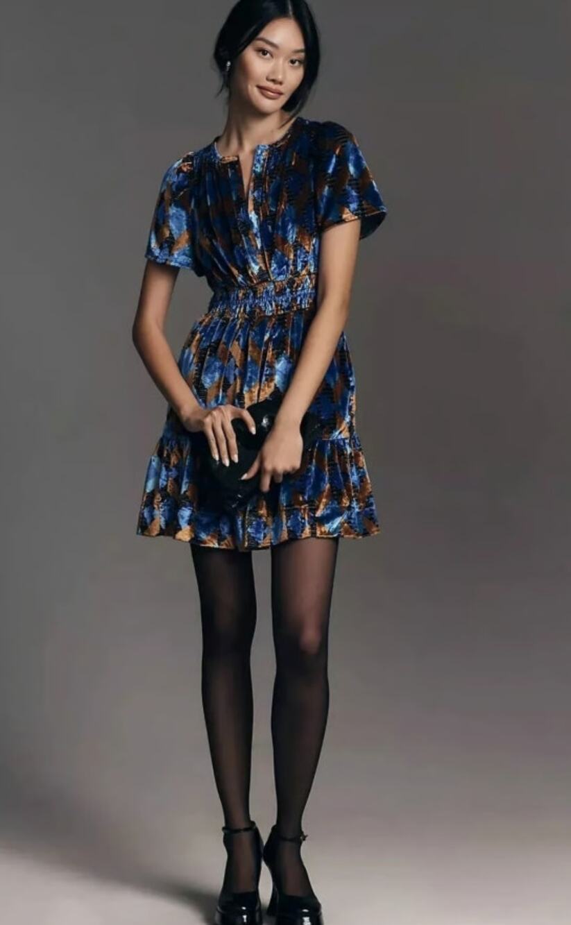 Anthropologie The Somerset Geometric Velvet Mini Dress Blue Size Small Petite